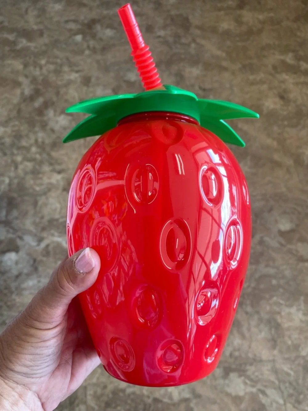Red Strawberry-Shaped Party Cup with Green Leaf Lid and Straw